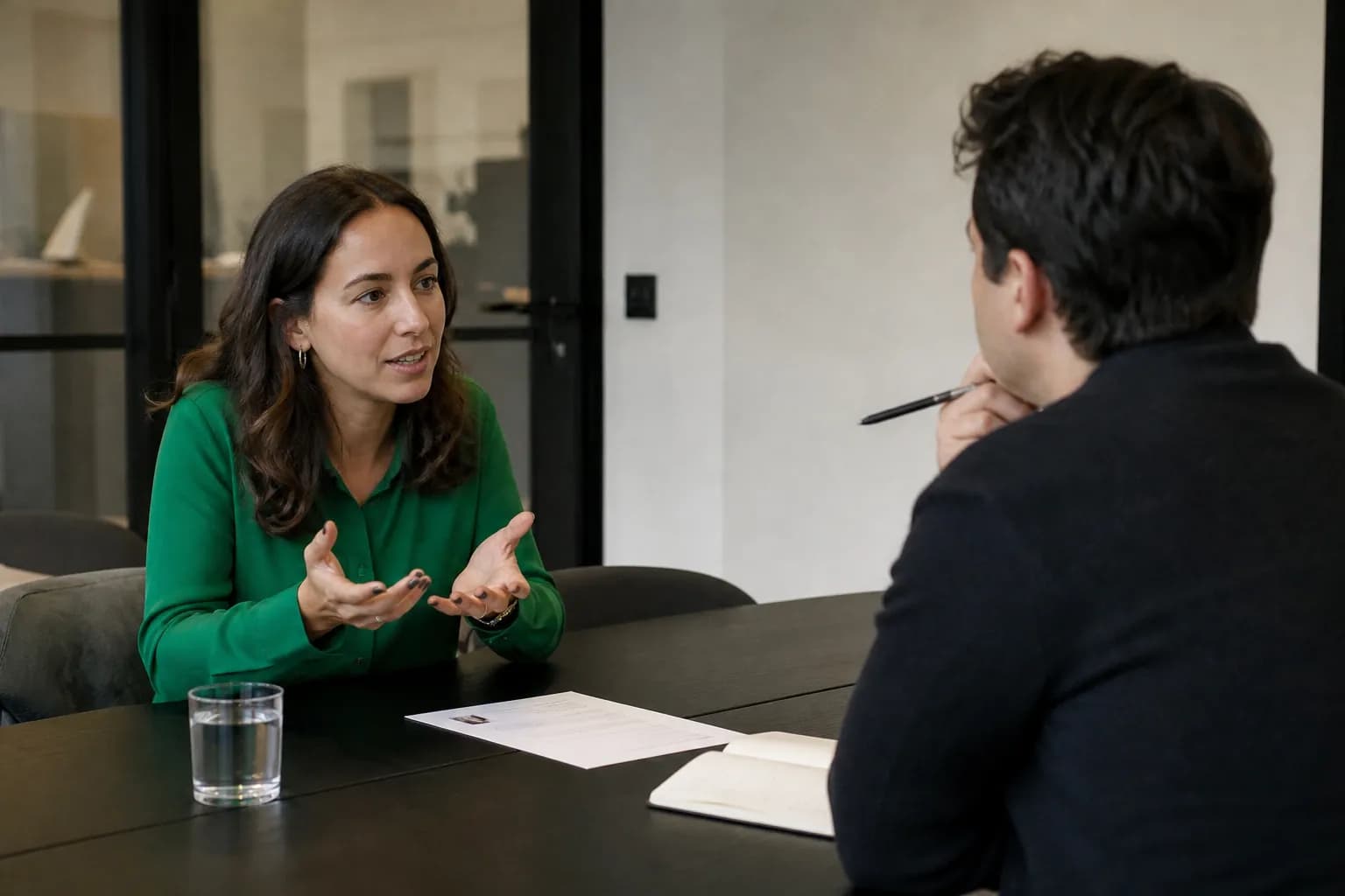 Kandidaat vertelt in een sollicitatiegesprek terwijl de recruiter luistert, met haar cv op tafel