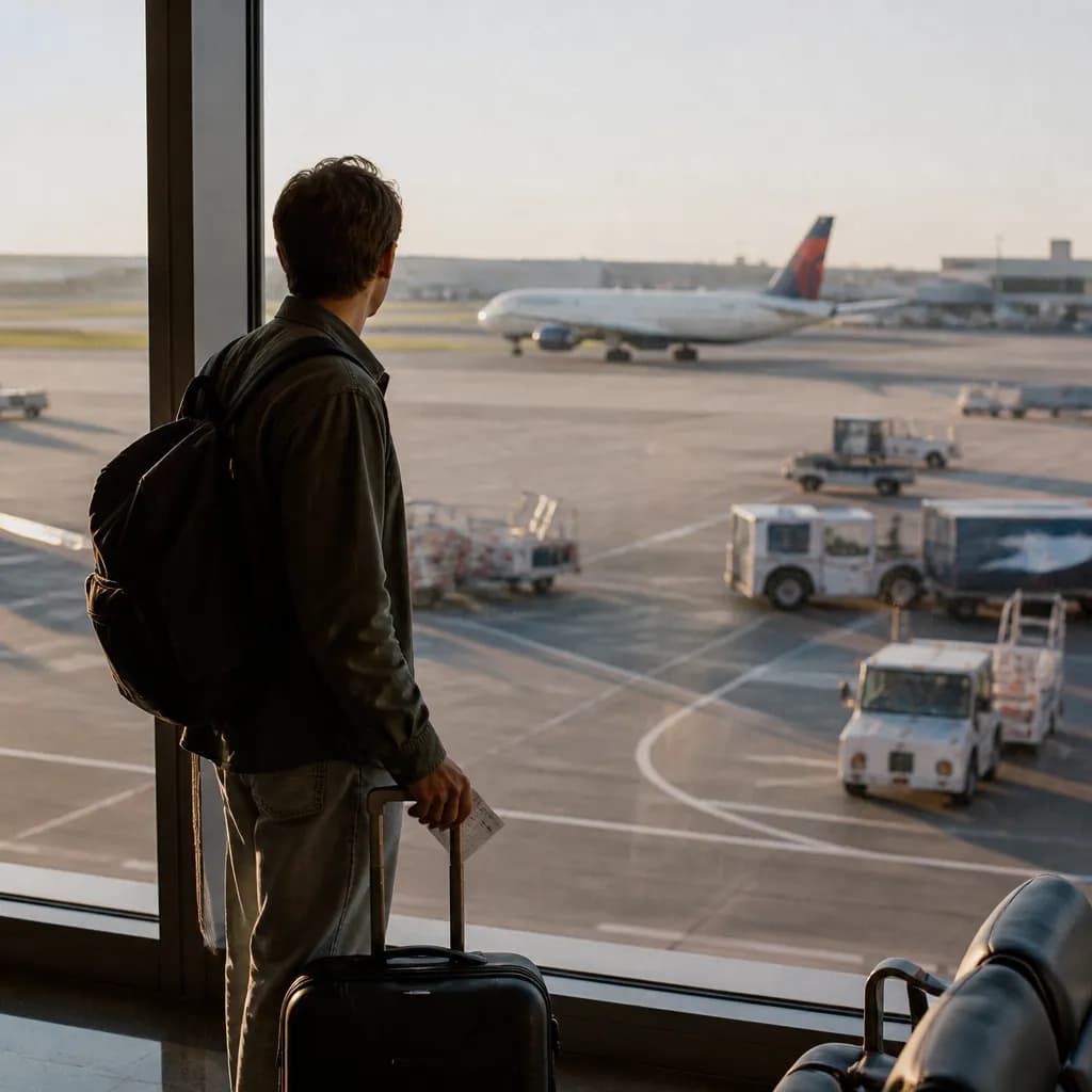 Reiziger met koffer kijkt op de luchthaven naar een vertrekkend vliegtuig in ochtendlicht