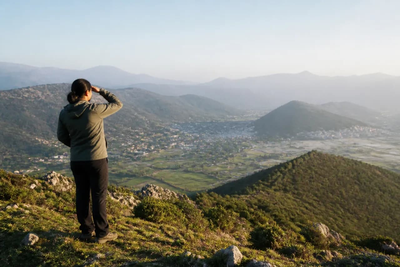 Iemand op een bergtop kijkt uit over een vallei met dorpjes in ochtendlicht