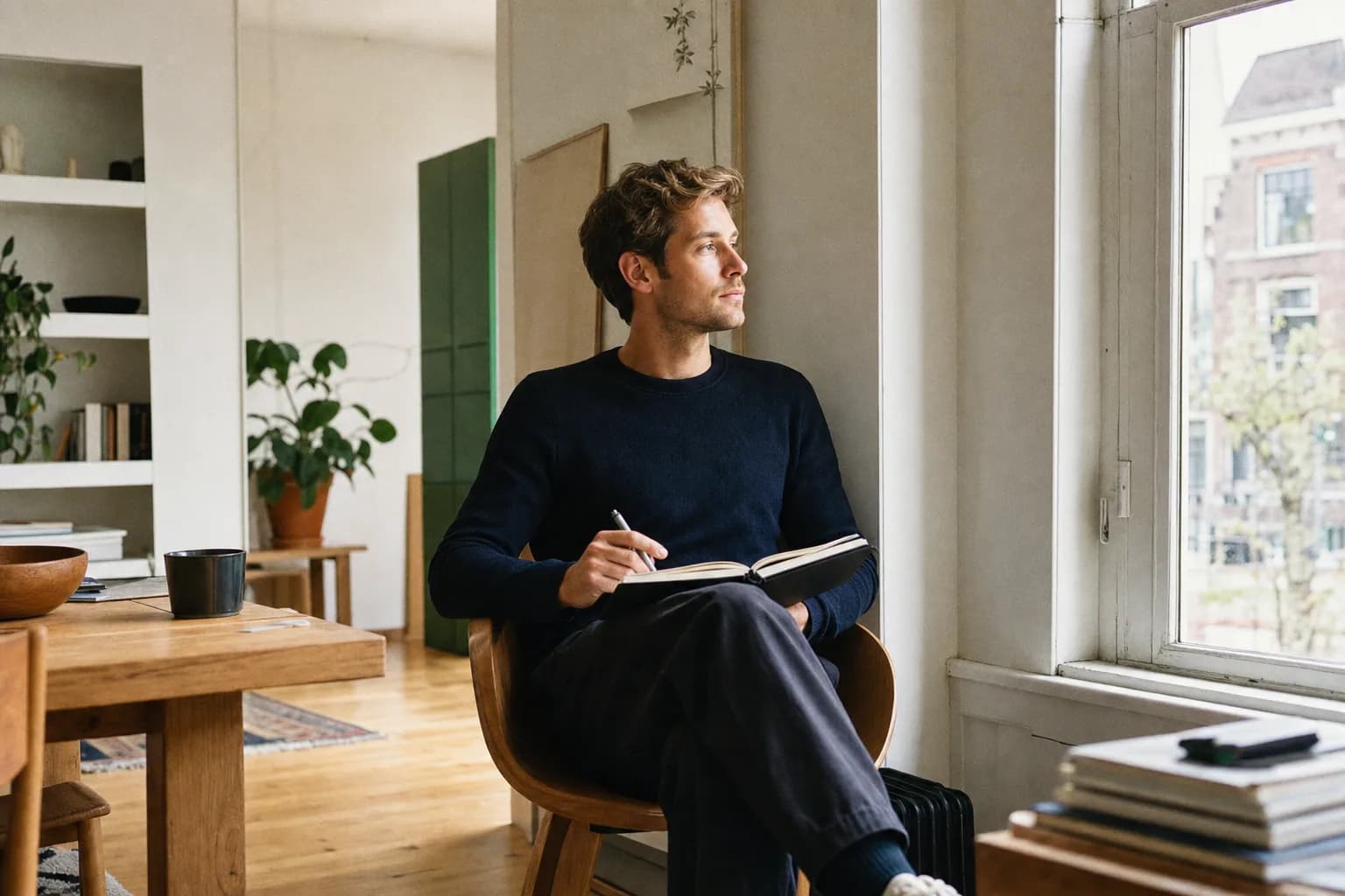 Iemand zit met een notitieboek bij het raam en kijkt naar buiten